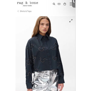 NWT Women's Rag & Bone Black Embroidered Poplin Button Down Shirt L